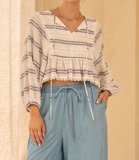 SKIES ARE BLUE Stripe Peplum Long Sleeve Top in white red mix - women's blouse - alternate view