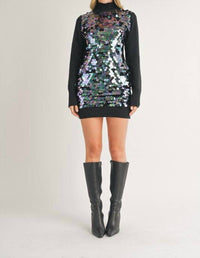 Klesis Hits The Spot Iridescent Sequin Sweater Dress in black - women's dress