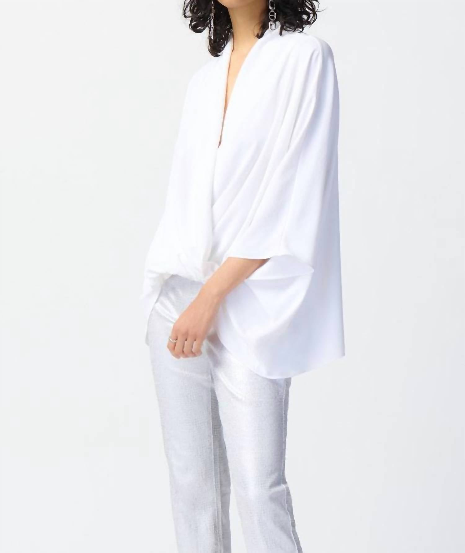 Joseph Ribkoff Weslyn Woven Dolman Sleeve Wrap Top in vanilla - women's blouse - detail view