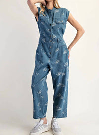 Ee:Some - Floral Embroidered Denim Cap Sleeve Jumpsuit