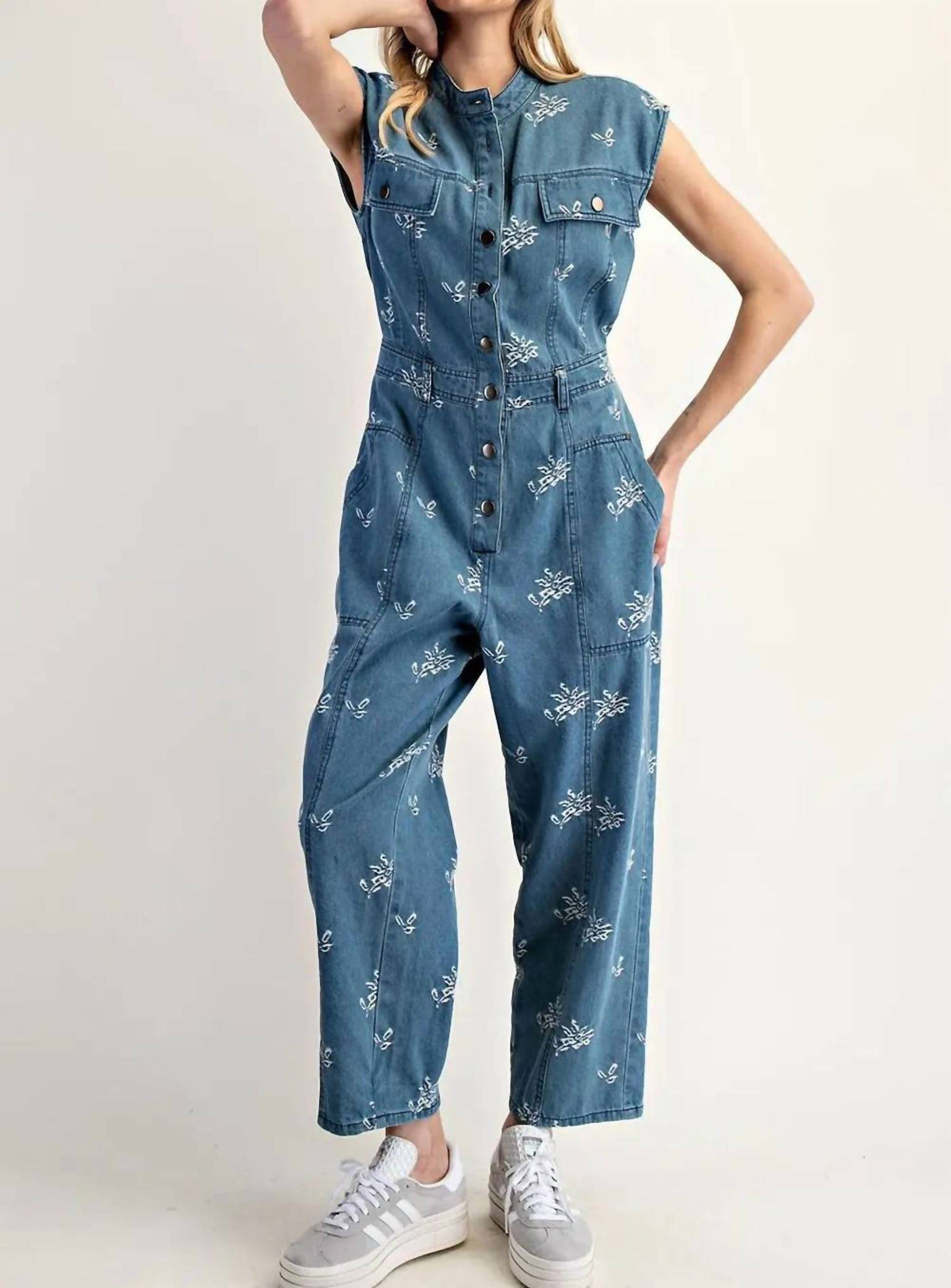 Ee:Some - Floral Embroidered Denim Cap Sleeve Jumpsuit