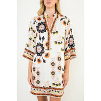 THML Floral Border Print Split Neck Tunic Dress in white - women's dress - detail view