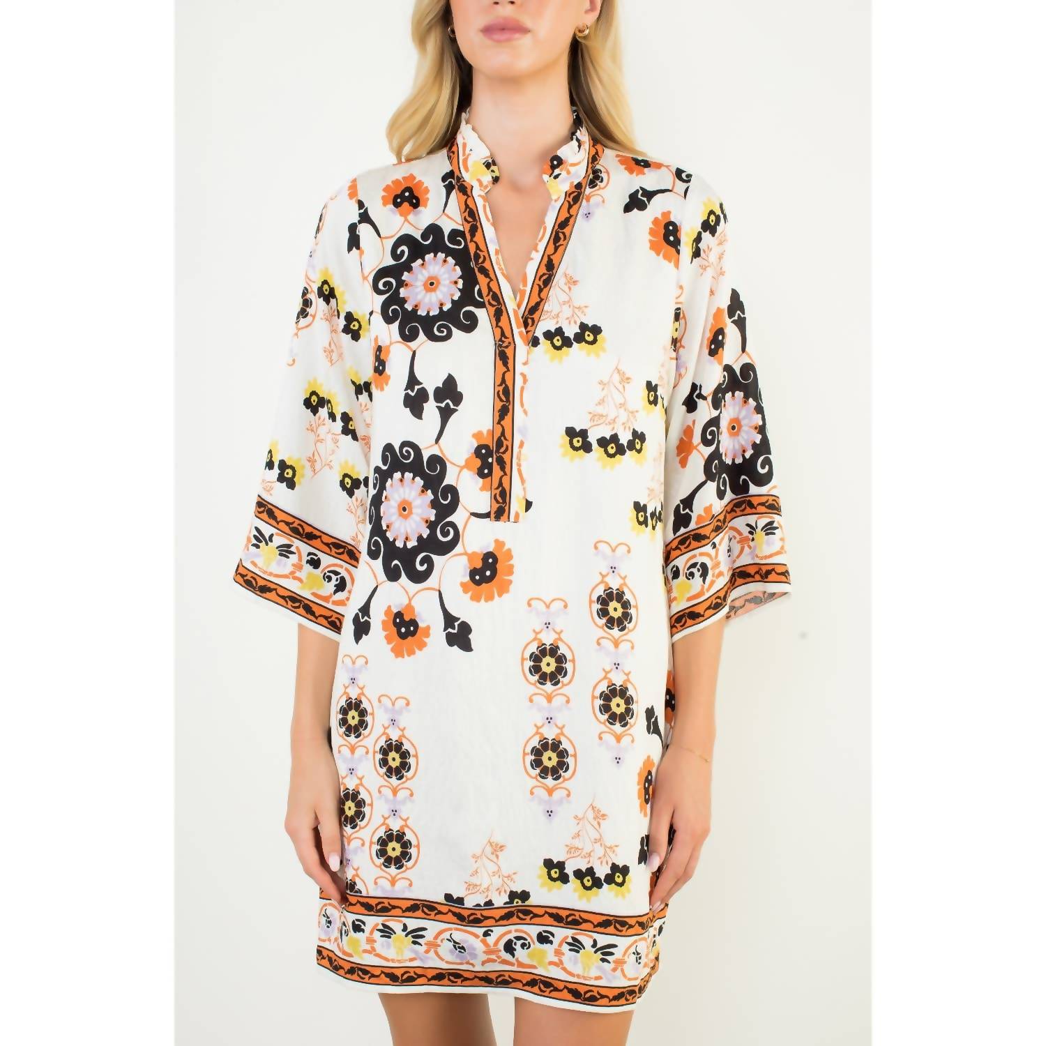 THML Floral Border Print Split Neck Tunic Dress in white - women's dress - detail view