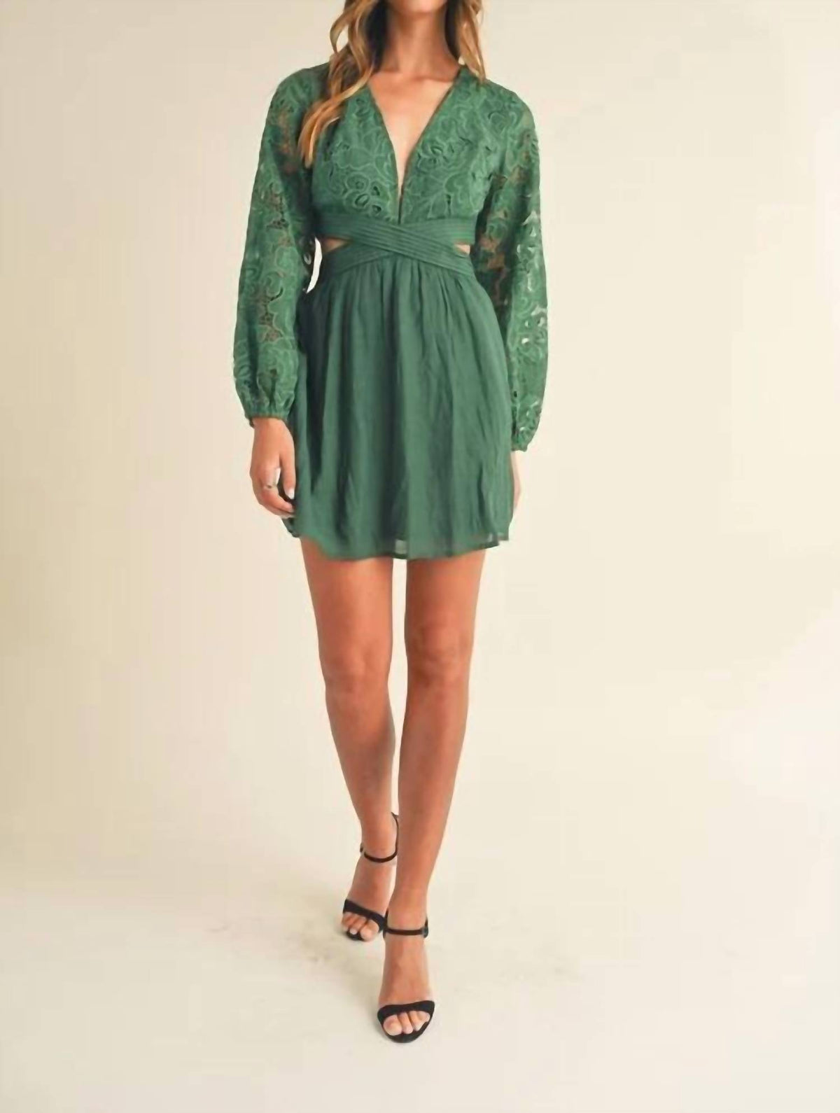 Mable - Long Sleeve Deep V-neck Mini Dress