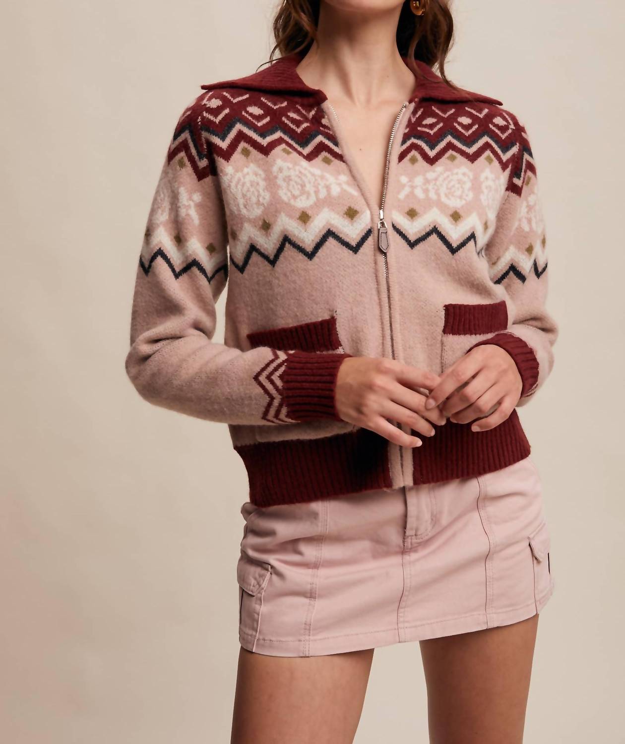 Listicle Retro Floral Knit Zip Up Cardigan in burgundy multi - women's cardigan