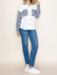 Staccato - Waffle Knit Plaid Contrasted Button Up Hooded Top