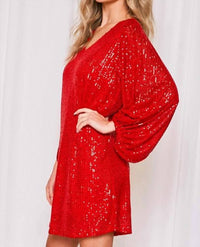 Vine & Love - Holiday Sequin V-neck Balloon Sleeves Mini Dress