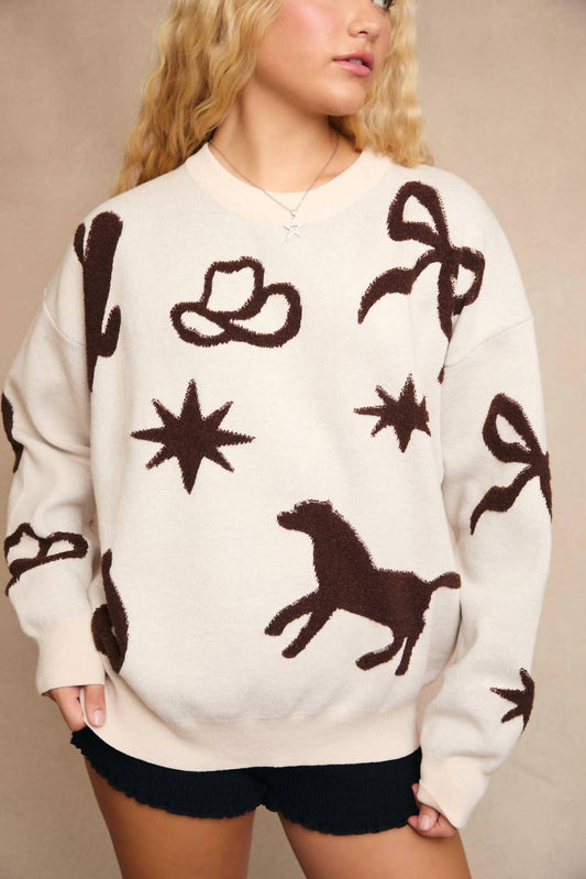 Le Lis - Long Sleeve Crew Neck Multi Cowboy Pattern Sweater