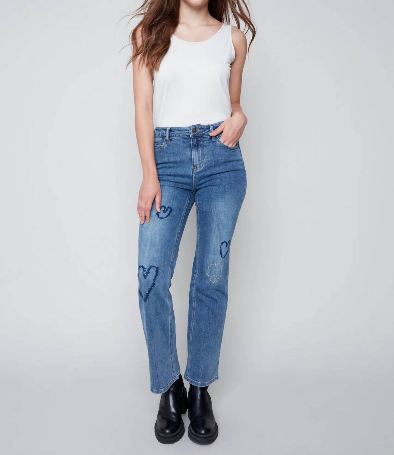 CHARLIE B Heart Embroidered Jean in medium blue - women's jeans - view 4