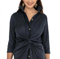 GRETCHEN SCOTT Ultra Suede Twist And Shout Mini Dress in navy - women's dress - detail view