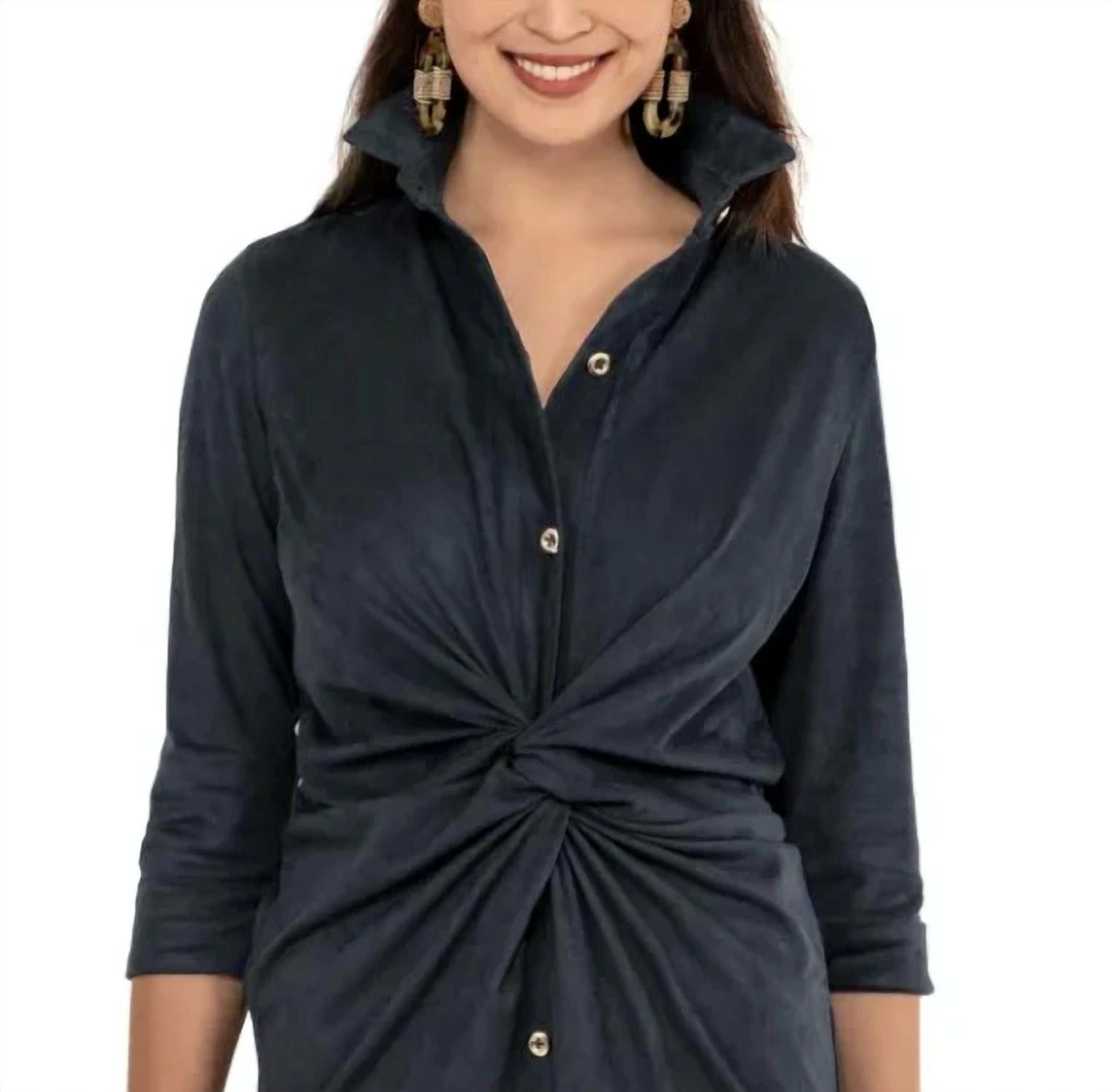 GRETCHEN SCOTT Ultra Suede Twist And Shout Mini Dress in navy - women's dress - detail view