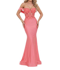 Terani Couture Off-shoulder Trumpet Long Prom Dress in coral - women's dress