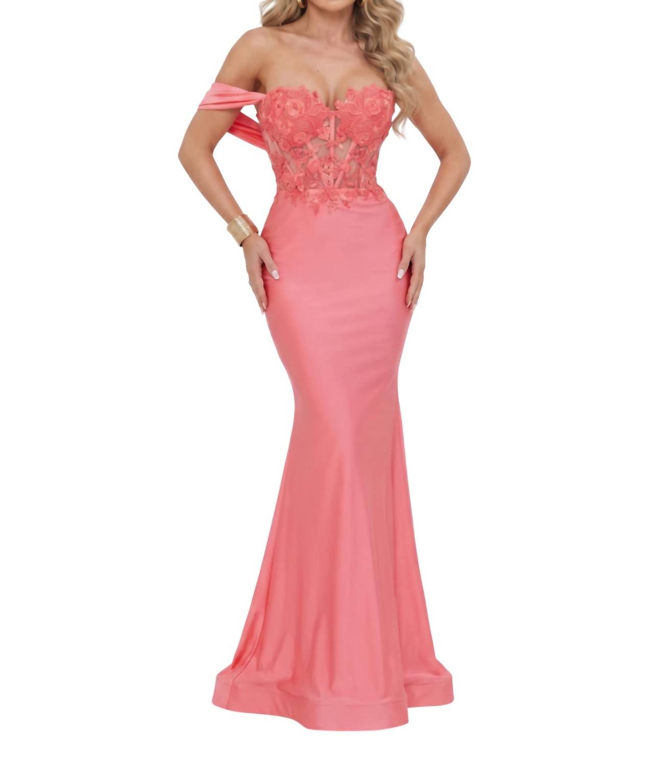 Terani Couture Off-shoulder Trumpet Long Prom Dress in coral - women's dress