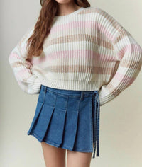 Peach Love Crew Neck Stripe Cropped Sweatshirt in pink multi - women's top