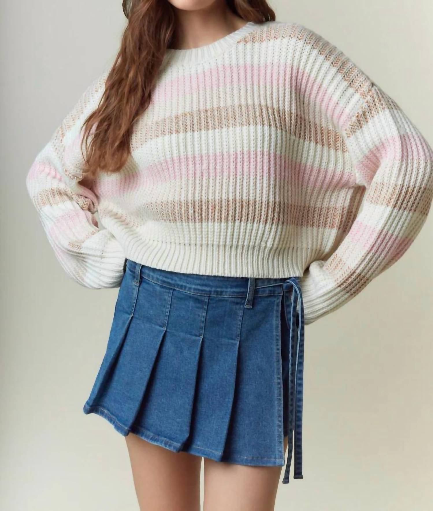 Peach Love Crew Neck Stripe Cropped Sweatshirt in pink multi - women's top