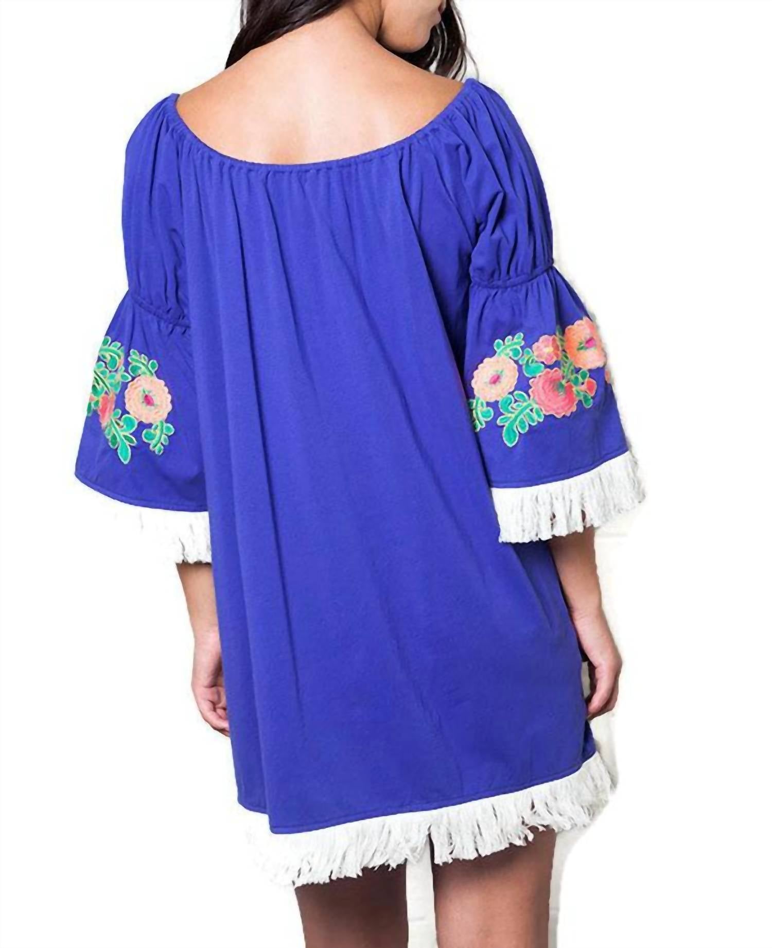 umgee Embroidered Off The Shoulder Dress in royal blue - women's dress - detail view