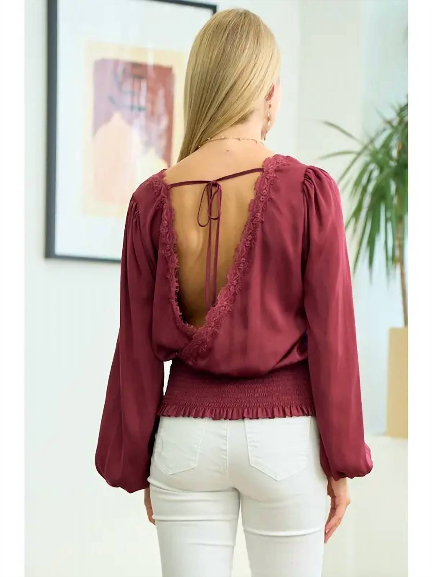 Doe and Rae Smocked Waist Surplice Top With Lace in wine - women's blouse - detail view