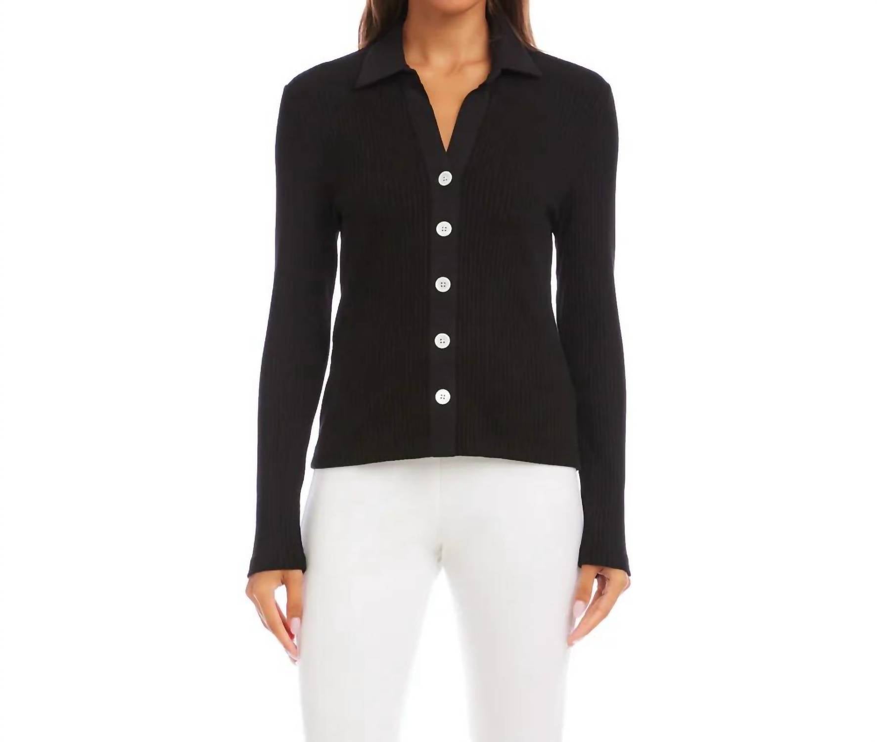 Karen Kane - Raveen Ribbed Long Sleeve Button Front Top