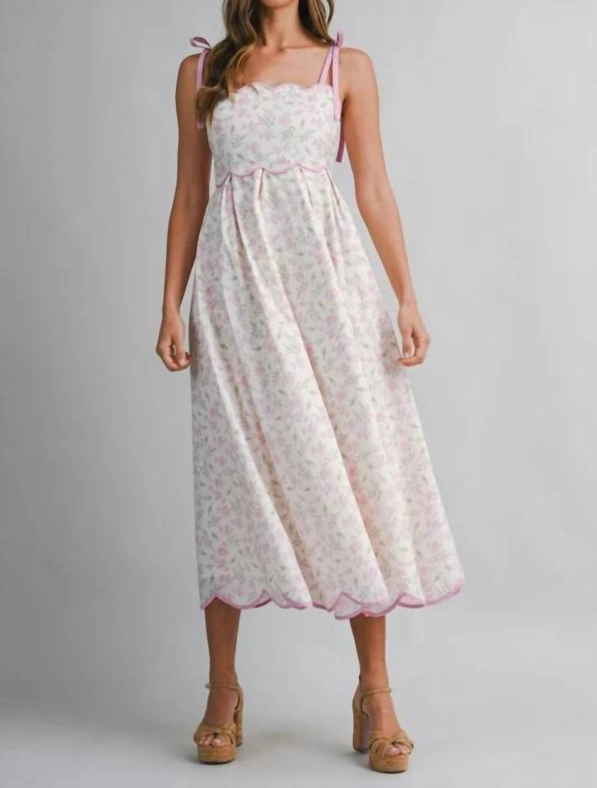 Mable - Floral Print Scallop Hem Contrast Self Tie Strap Midi Dress