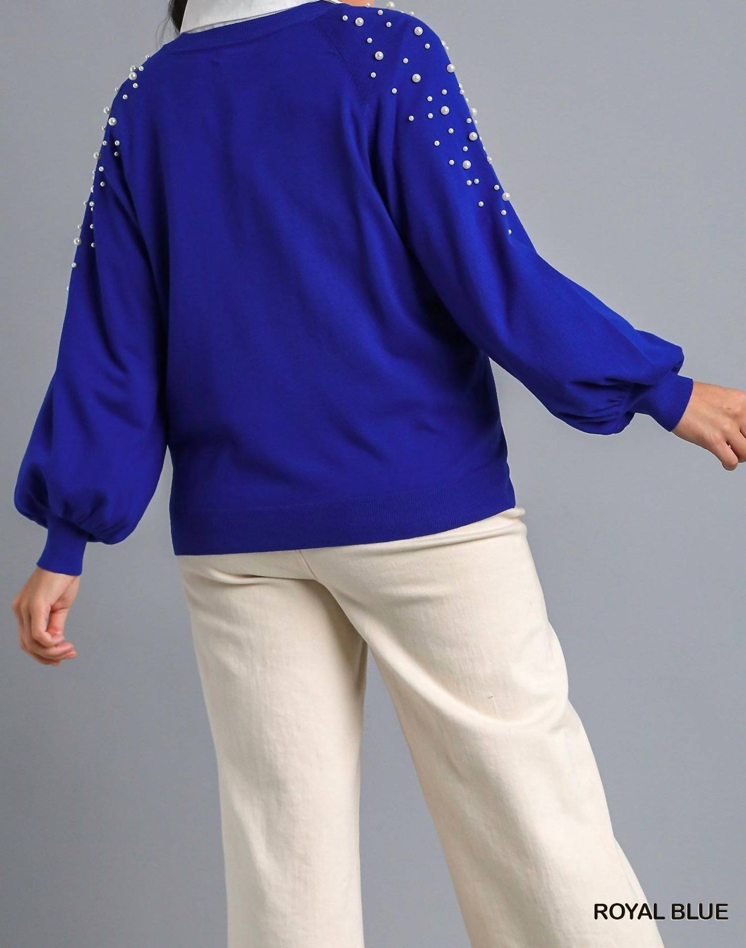 Round Neck Pullover Sweater With Long Sleeve Pearl Details