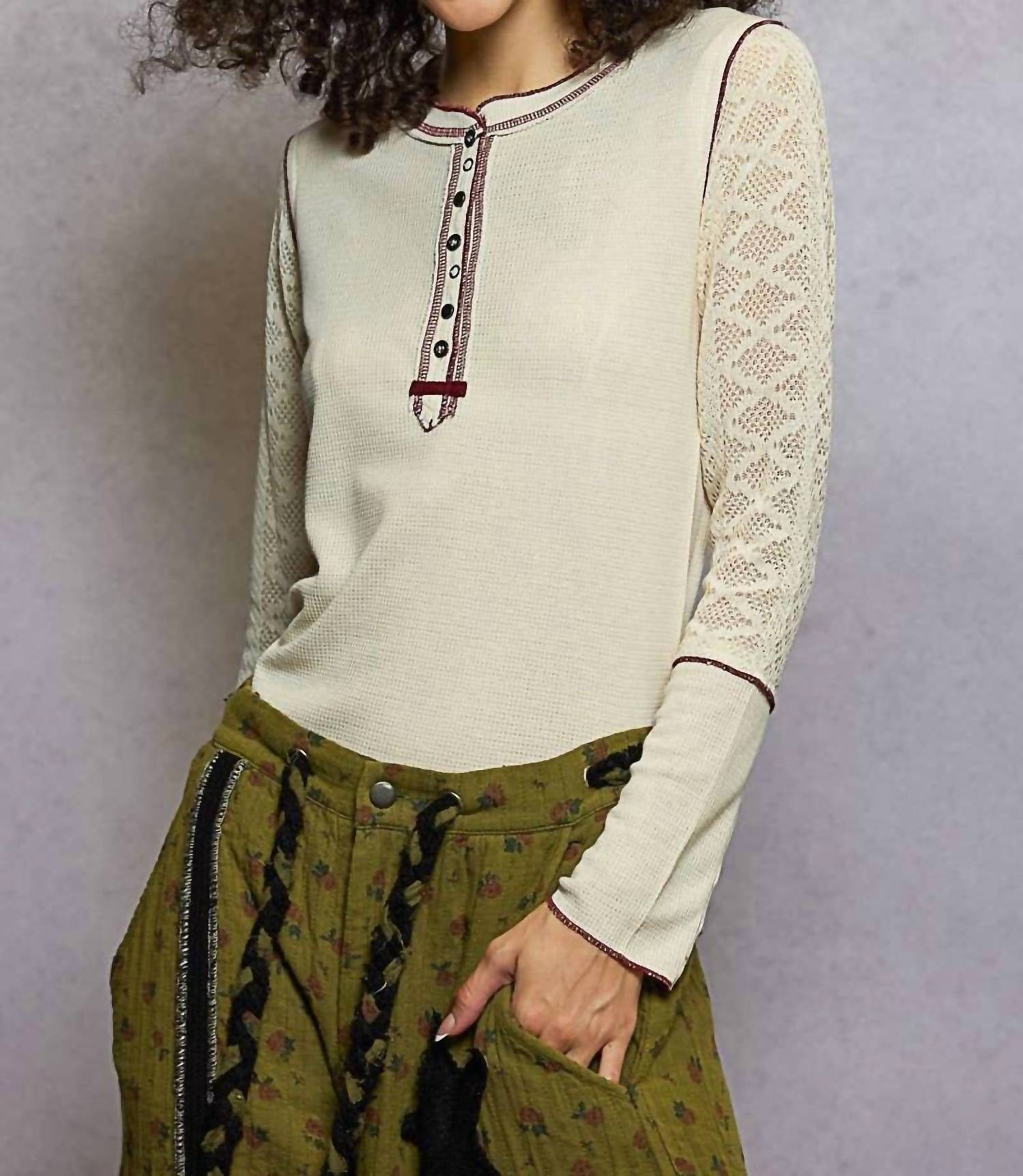Pol - Round Neck Solid Cut Sew Knit Mix Top
