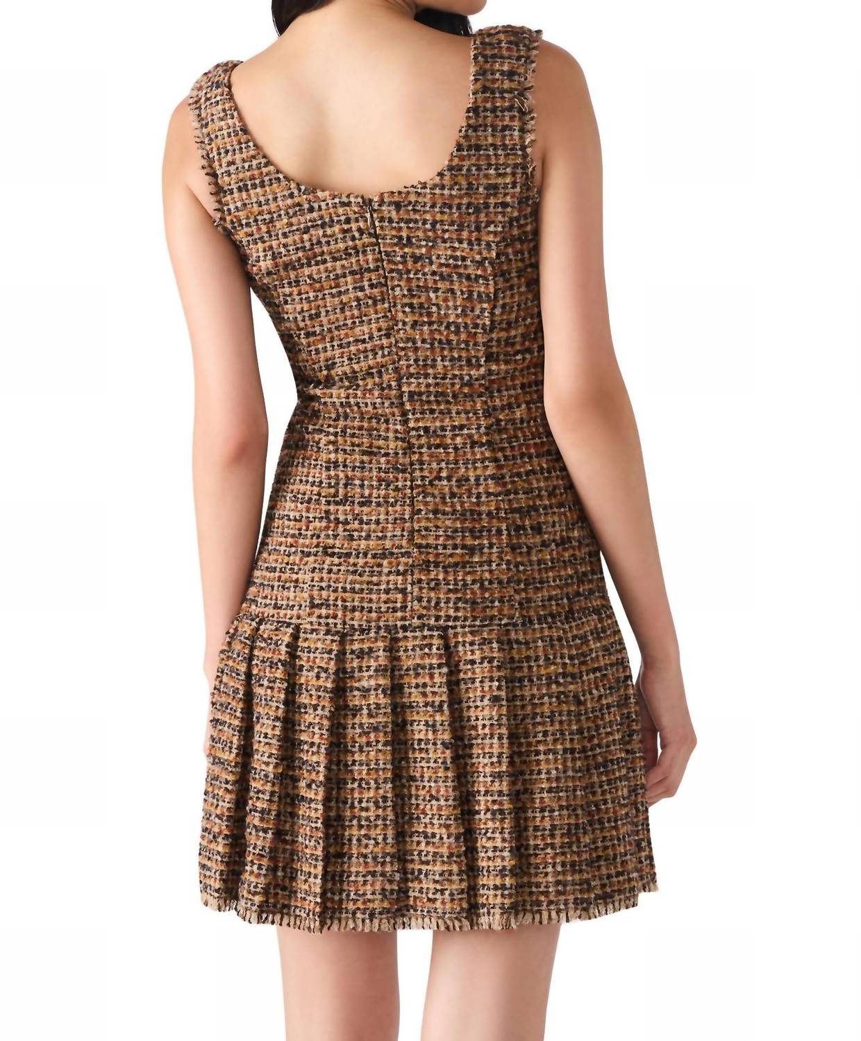 STEVE MADDEN Avie Tweed Mini Dress in brown plaid mix - women's dress - detail view