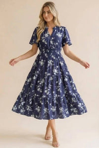Haptics - Notch Neck Smocked Waist Tiered Floral Dress - Plus