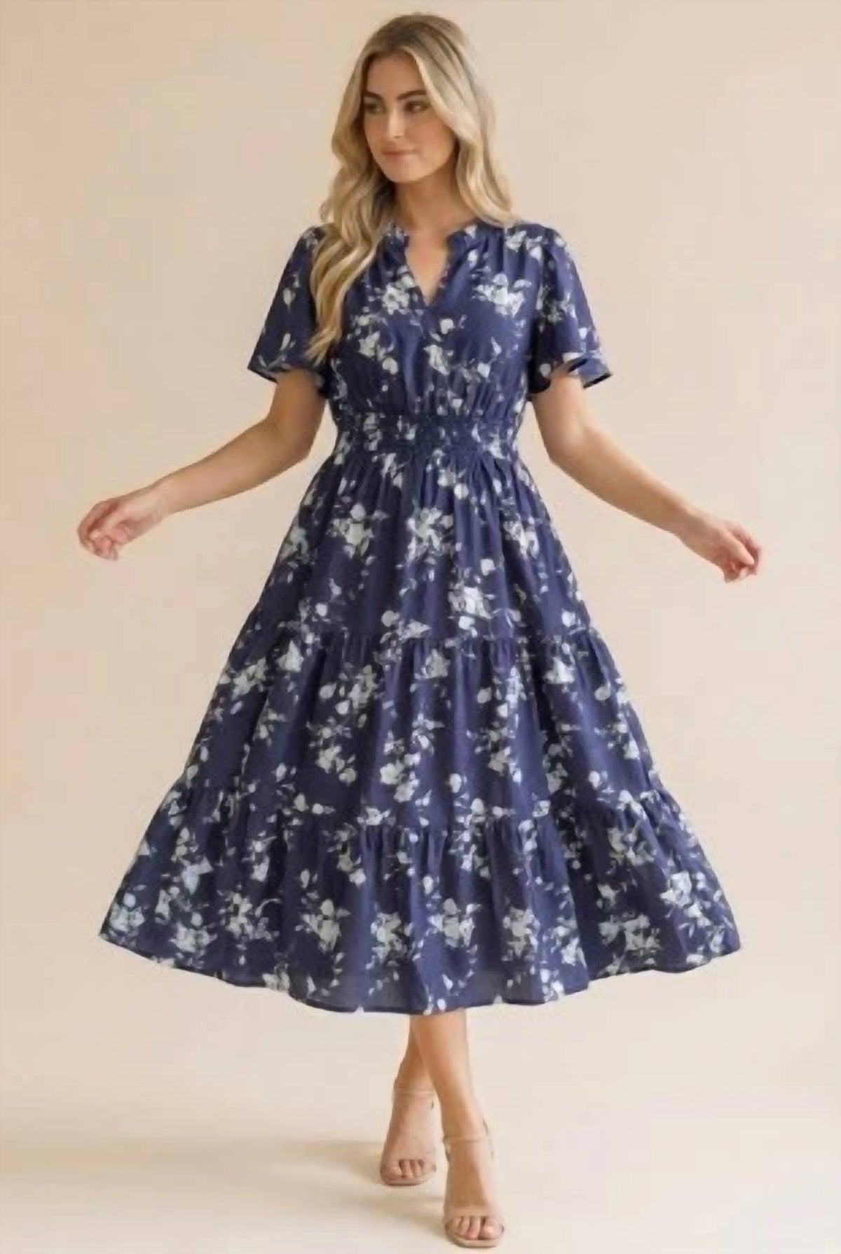 Haptics - Notch Neck Smocked Waist Tiered Floral Dress - Plus
