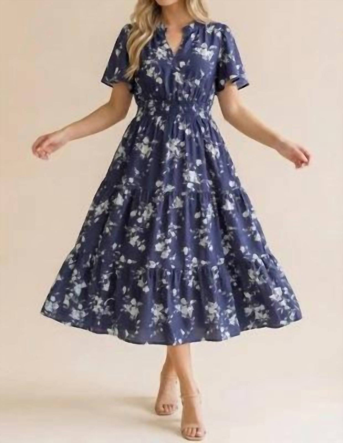 Haptics - Notch Neck Smocked Waist Tiered Floral Dress - Plus