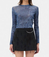 Ganni - Printed Mesh Long Sleeve Crew Neck Top