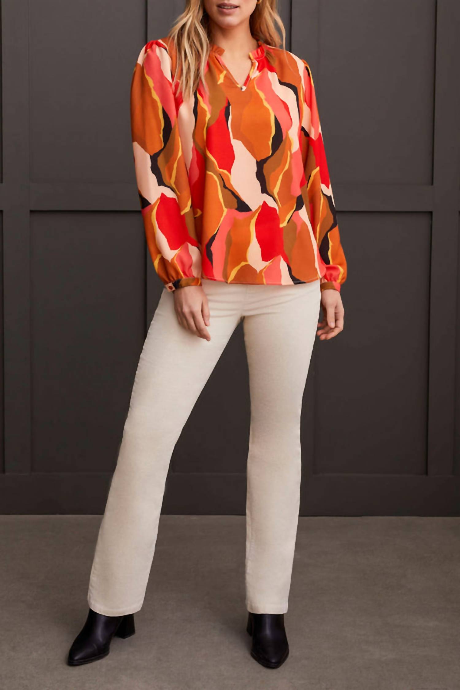 TRIBAL Long Sleeve Blouse With Ruffle Neck in desert sun - women's blouse - alternate view