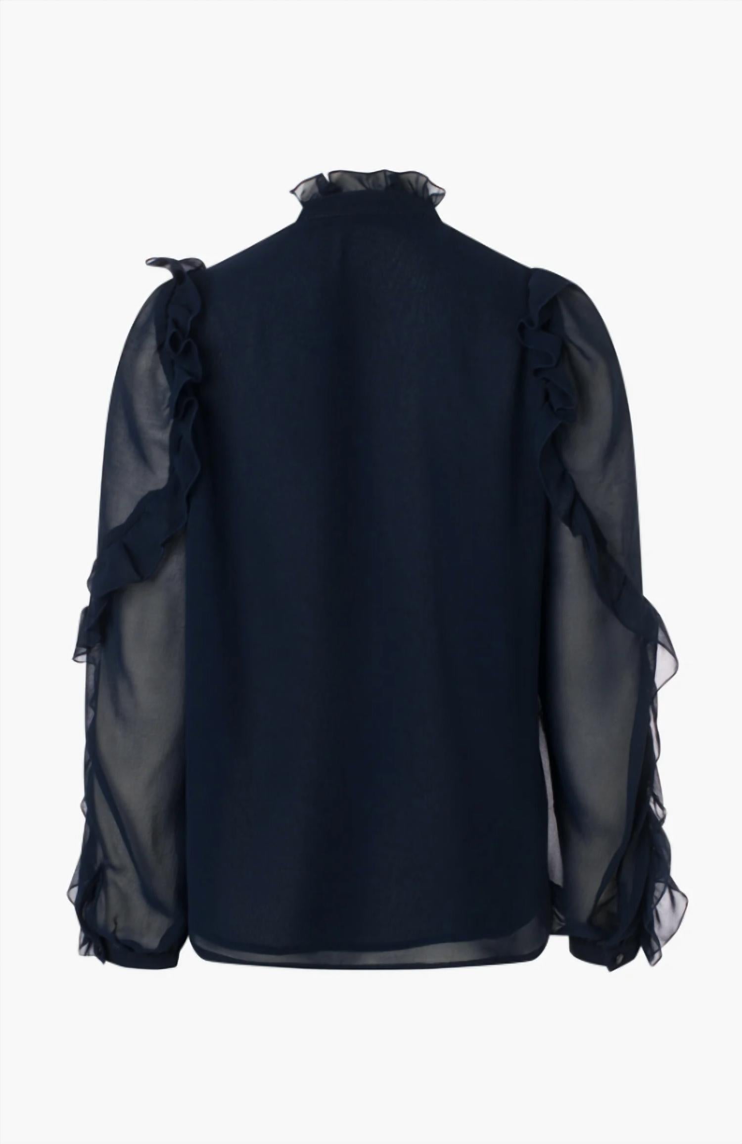 Iris Setlakwe Women's Chiffon Ruffle Blouse in navy - women's blouse - detail view