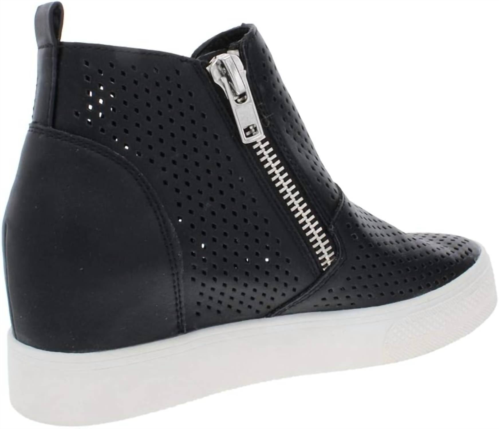 STEVE MADDEN Women's Wedgie Fashion Double Side Zipper Soft Sneakers in black perforated - women's sneaker - detail view