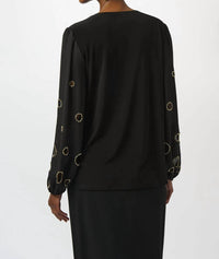 Joseph Ribkoff V-neck Long Embellished Puff Sleeves Top 253084 in black - women's blouse - alternate view