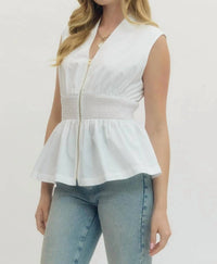 Entro - Polished Peplum Zip Front Top