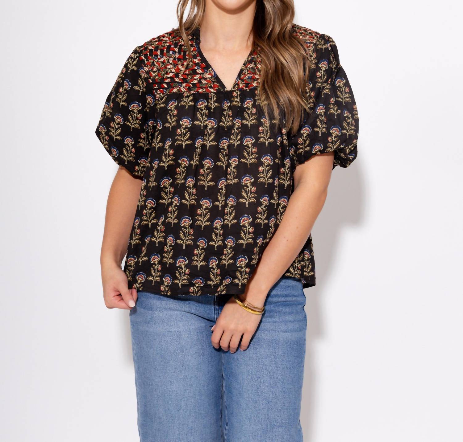Thml - Woven Detail Floral Puff Sleeve Top