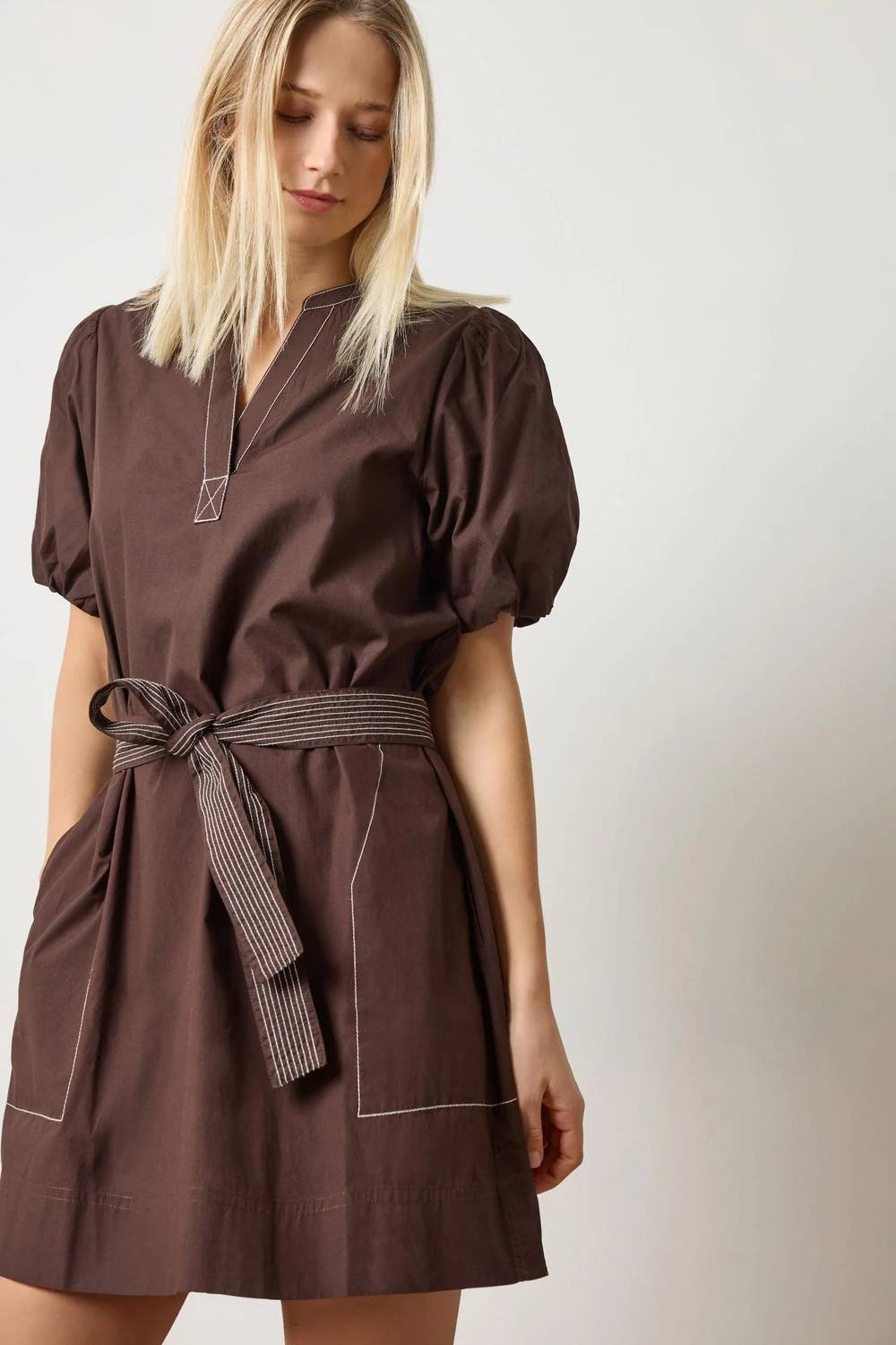 Lilla P - Shirred Sleeve Split Neck Mini Dress