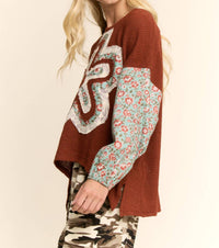 Davi & Dani - Waffle Knit Floral-sleeve Top