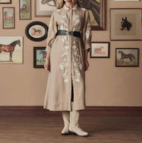 THE GREAT. Western Embroidered Herd Dress in soft tan with cream embroidery - women's dress