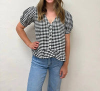 Vine & Love - Puff Short Sleeve V-neck Gingham Blouse