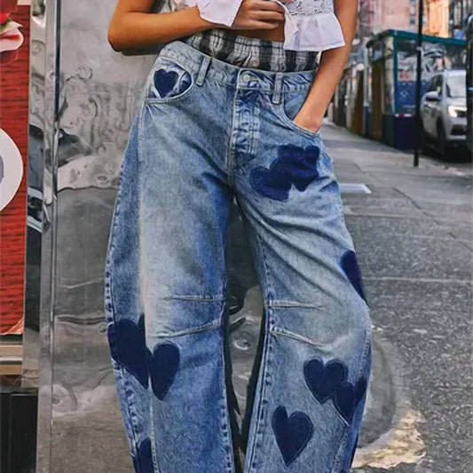 Faire - Heart Pattern Wide Leg Jeans