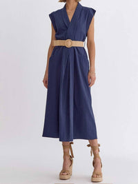 entro Linen Style Belted Midi Dress in navy - women's dress