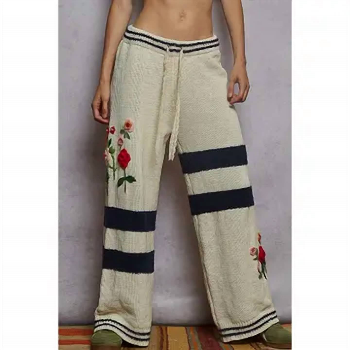 Pol - Stripped Pattern 3d Embroidered Pant