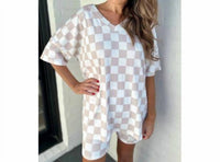 Jess Lea - Neutral Checkered V-Neck Short Set