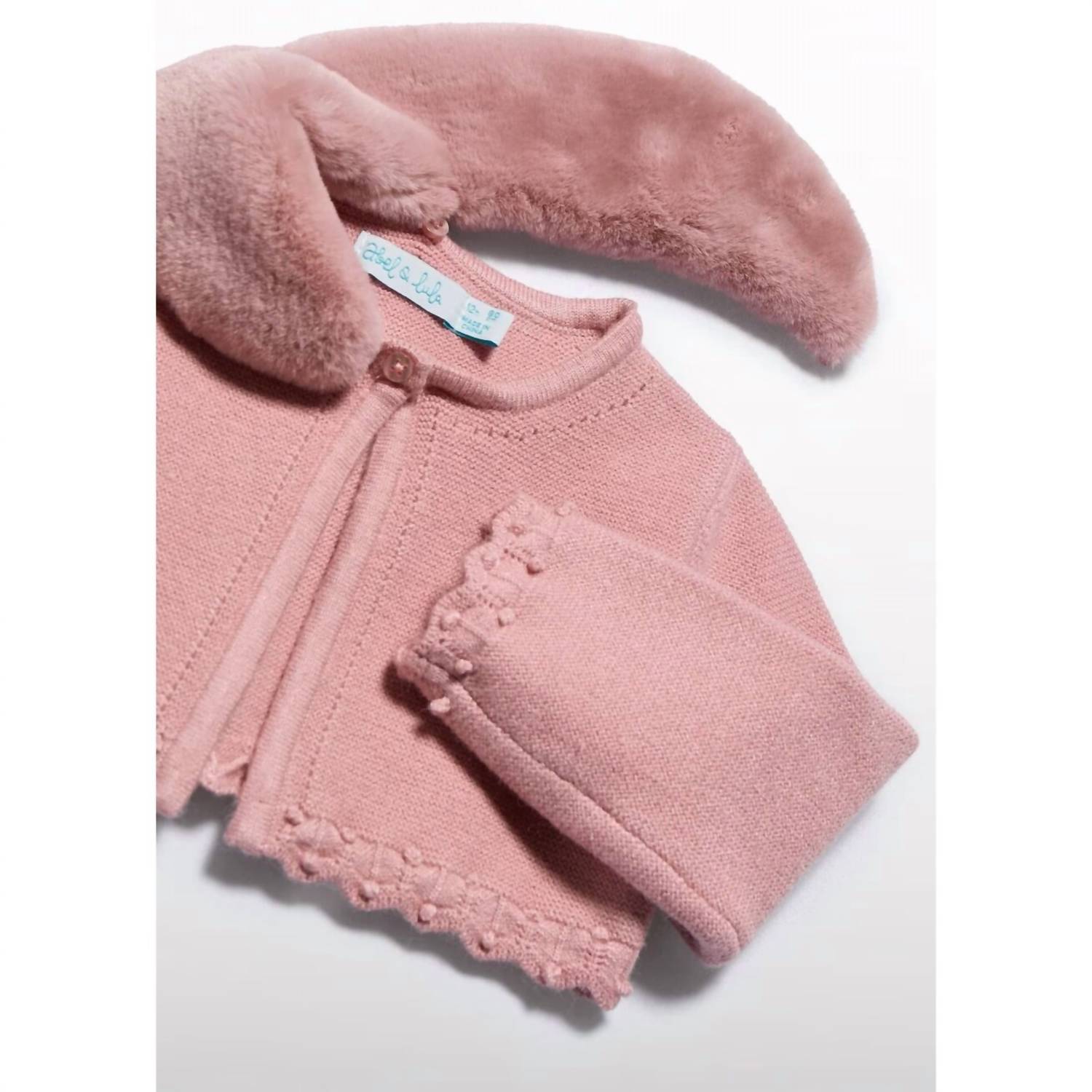 Abel & Lula Baby Girls Faux Fur Collar Cardigan in pink - kids' sweater - alternate view