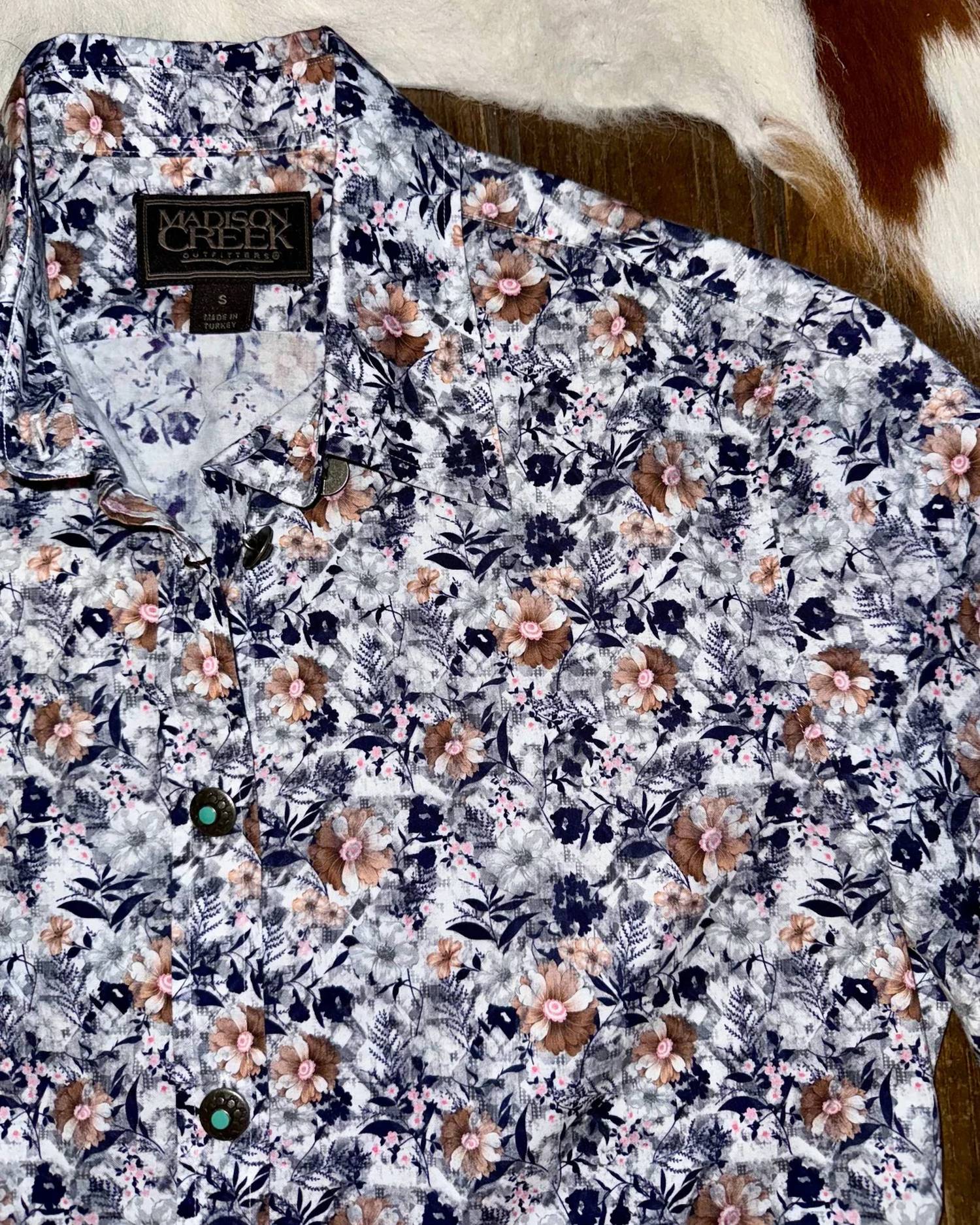 Madison Creek Outfitters Claire Floral Shirt in blue flower - women's shirt - detail view