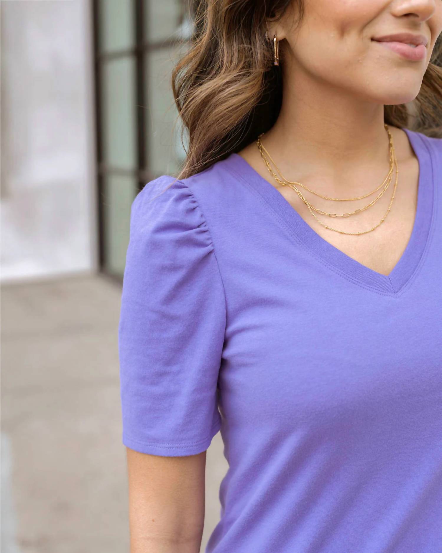 Grace And Lace - Cotton Puff Sleeve V-neck Top