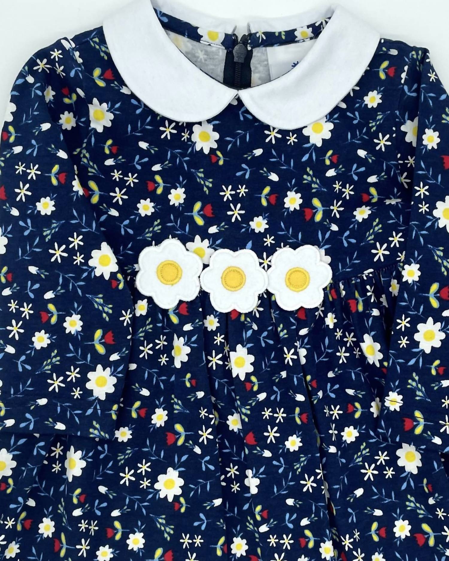 Florence Eiseman Kid's Floral Print Knit Dress in navy multi - kids' dress - detail view