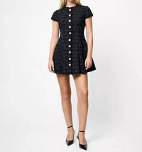 FRENCH CONNECTION Speckled Tweed Pleated Mini Dress in black white - women's dress - detail view