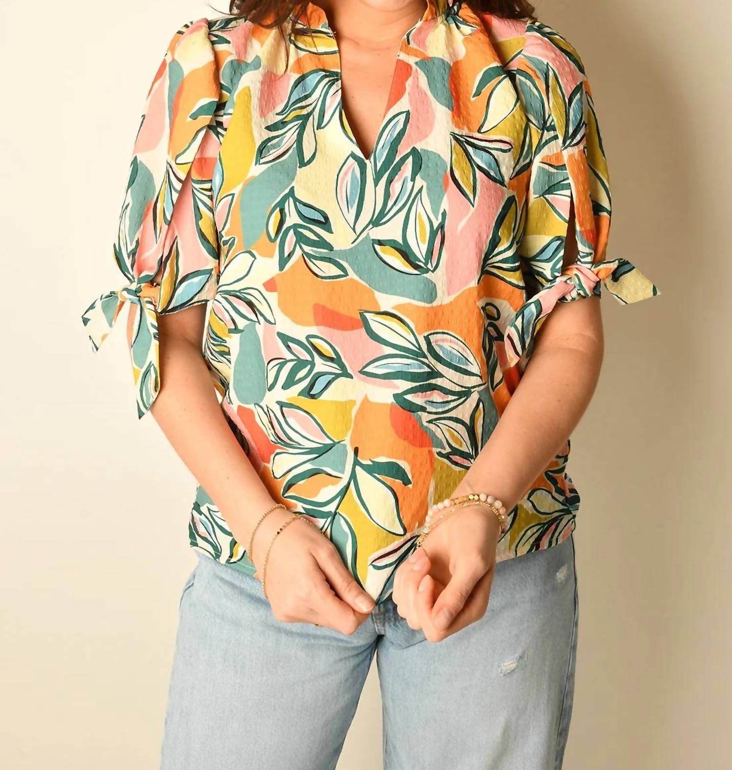 Thml - Leaf Print Top With Sleeve Tie